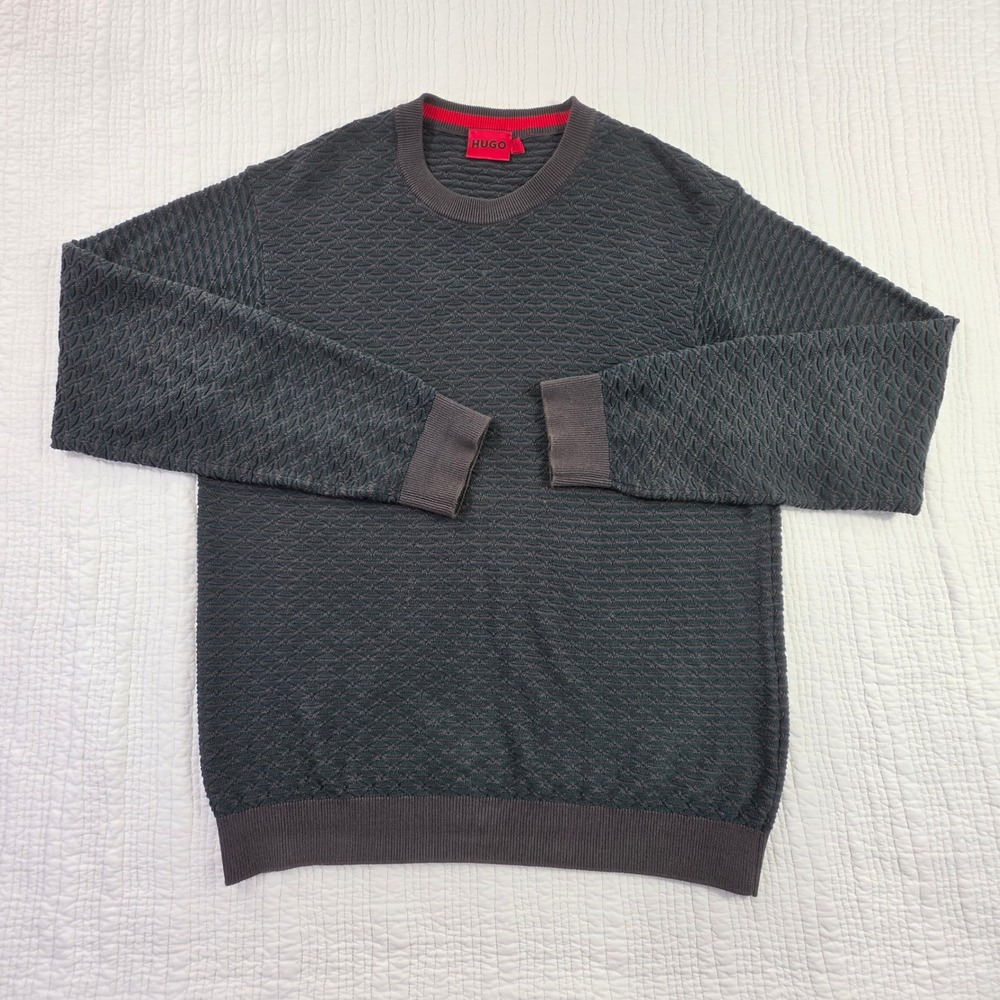 Hugo Boss Crewneck Sweater Mens Large Charcoal Grey EUC Textured Waffle Knit